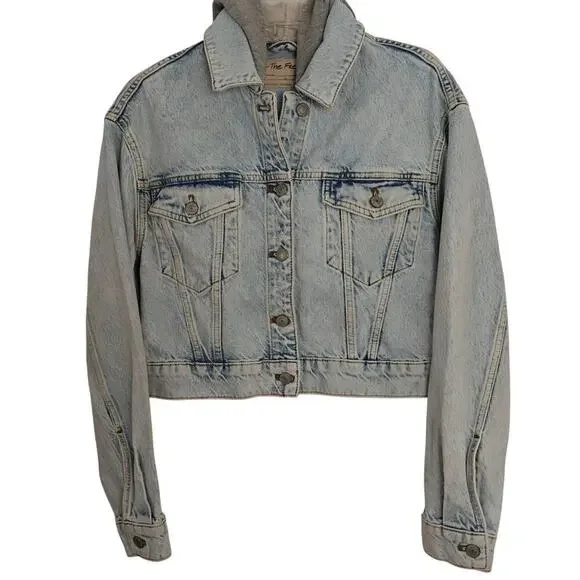 We the Free People Brando Denim Hoodie Jacket Malta Acid Wash Size XS Cropped - Picture 2 of 13